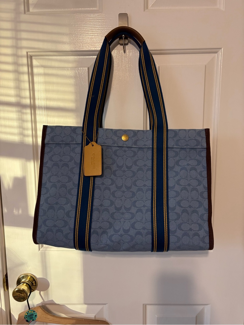 Coach Blue Signature Denim Canvas Tote with Navy & Yellow-Trim Straps